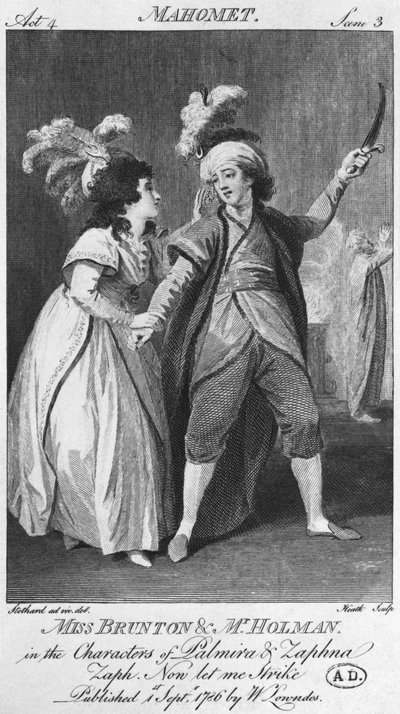 Miss Brunton and Mister Holman as Palmira and Zaphna, illustration from Act IV, Scene 3, of 